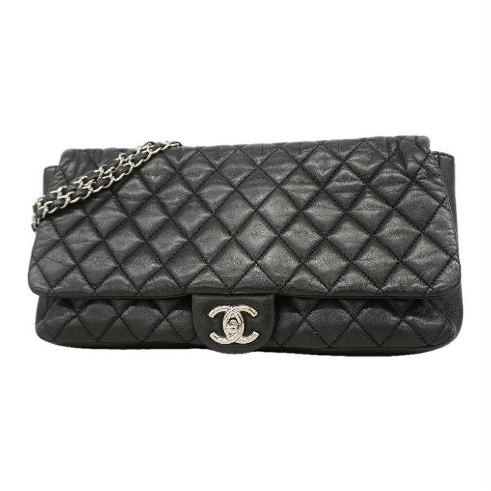 Chanel Matelassé Shoulder Bag with Double Chain, Lambskin, Black, Women's OP0...
